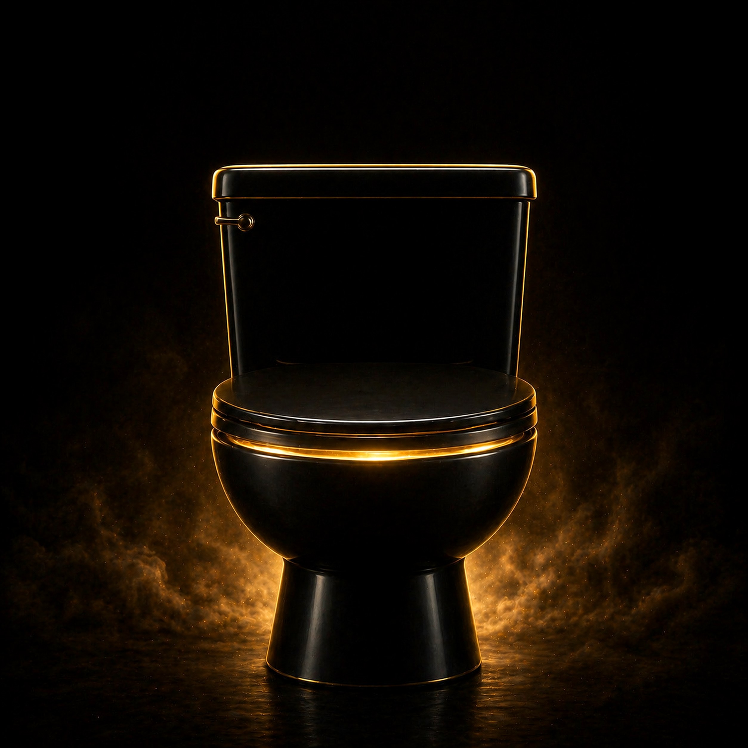 Hyper-real black and gold toilet with closed lid